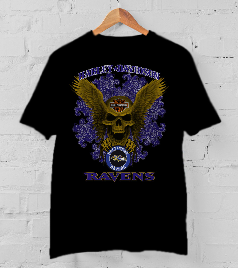 Harley Davidson Baltimore Ravens Nfl Skull Wings Ravens T-Shirt