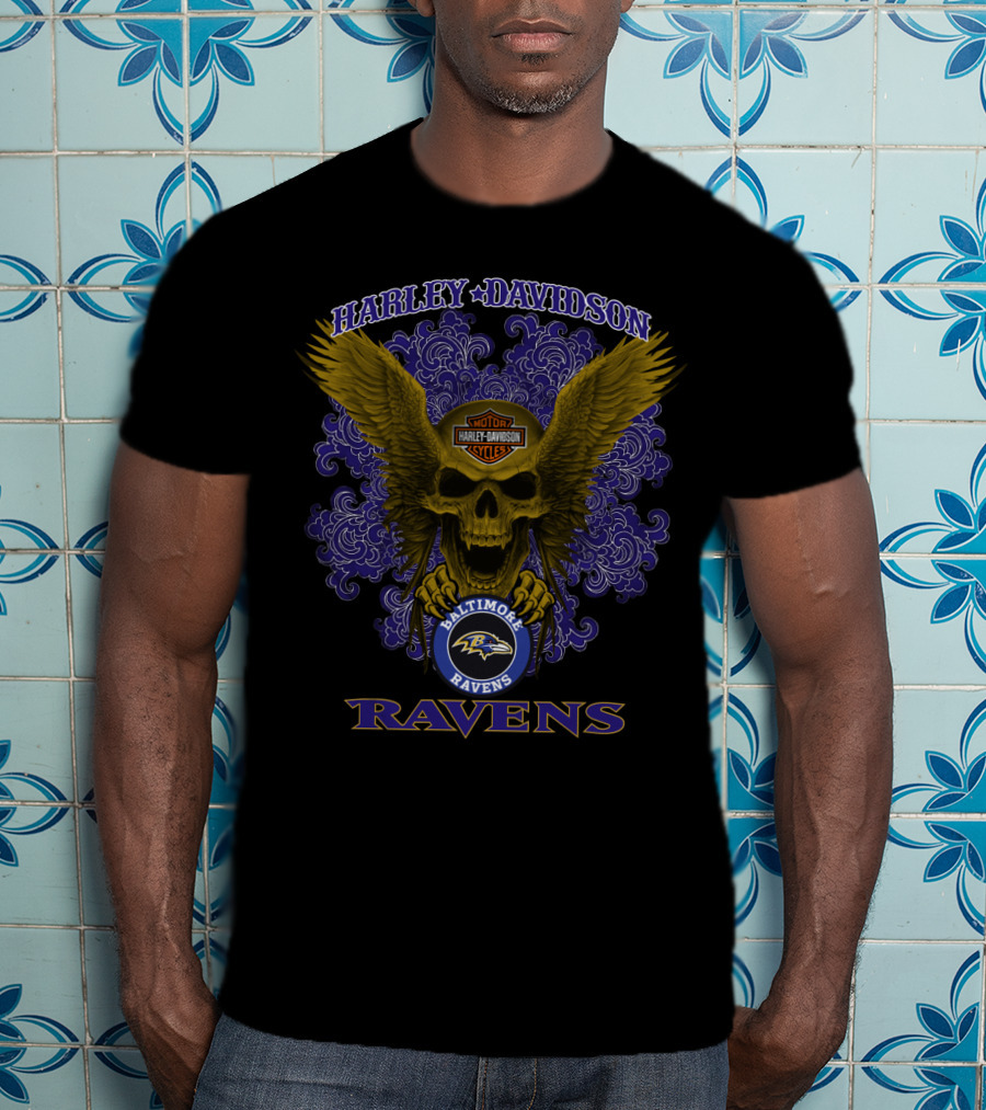 Harley Davidson Baltimore Ravens Nfl Skull Wings Ravens T-Shirt