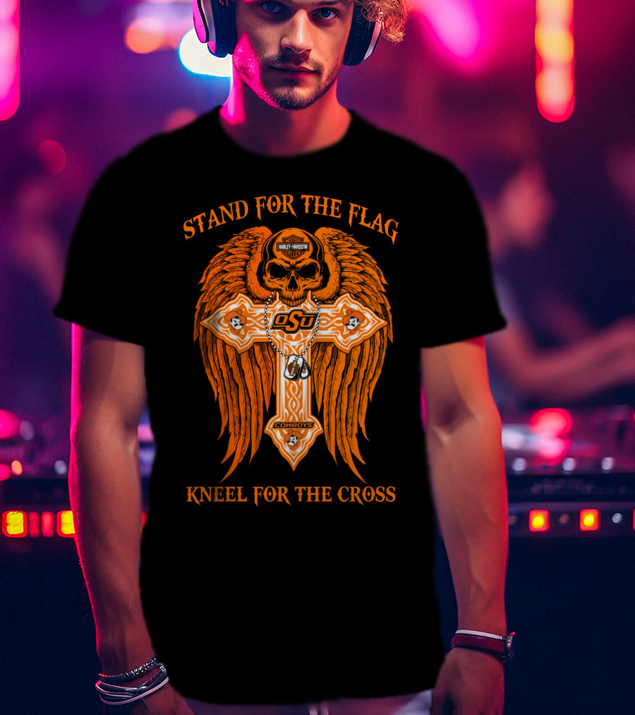 Stand For The Flag Kneel For The Cross Oklahoma State Cowboys Skull Cross T-Shirt
