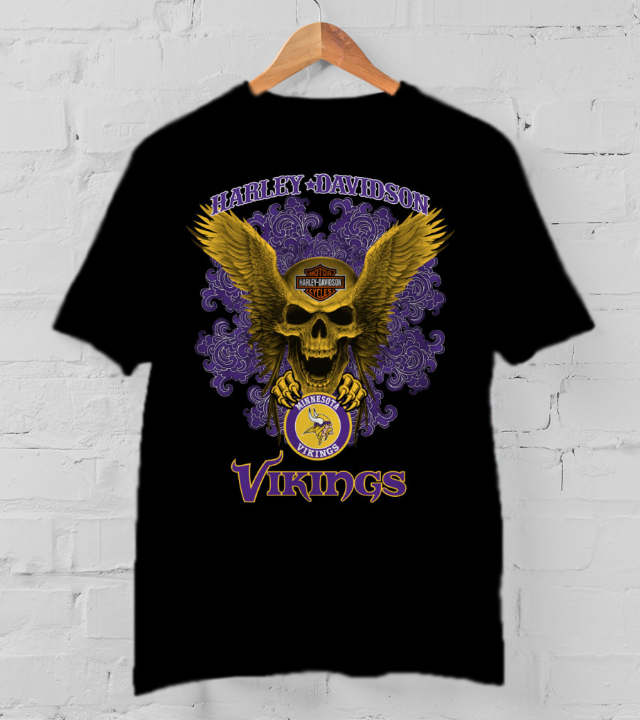 Harley Davidson Minnesota Vikings Skull Wings T-Shirt