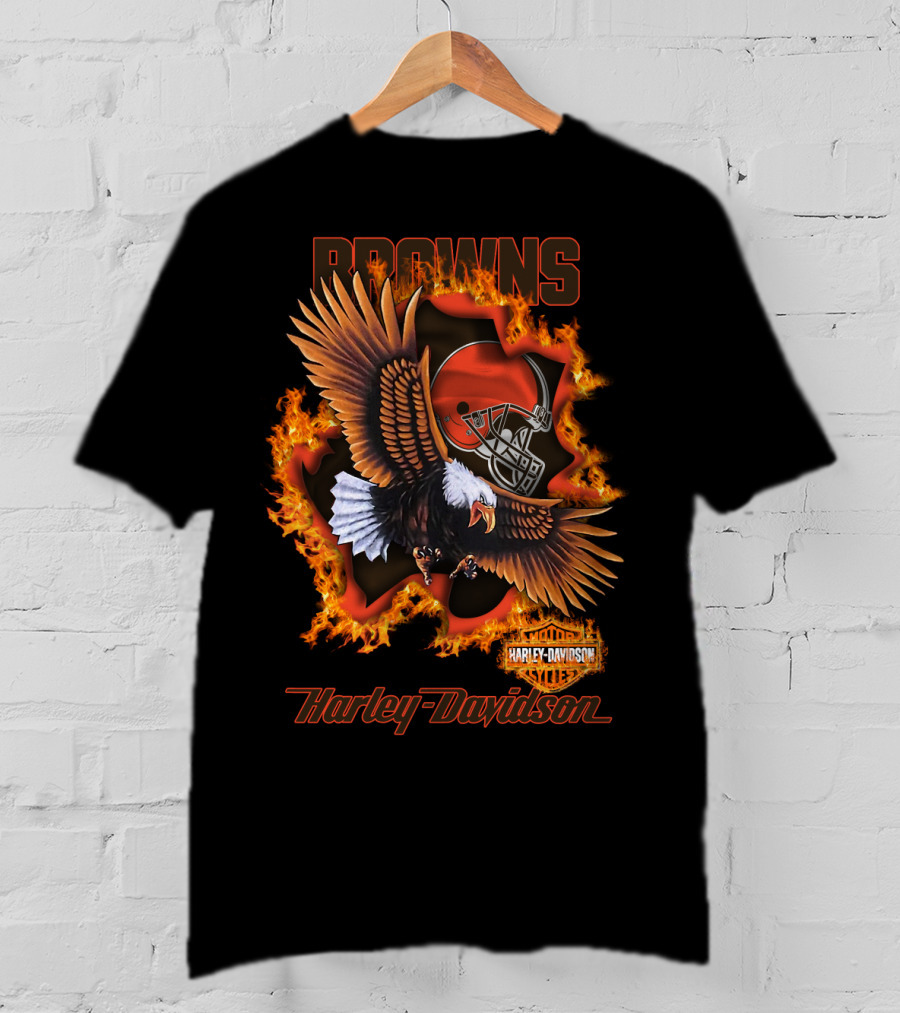 Browns Harley Davidson Nfl 84 Cleveland Browns Eagle Helmet Flames T-Shirt