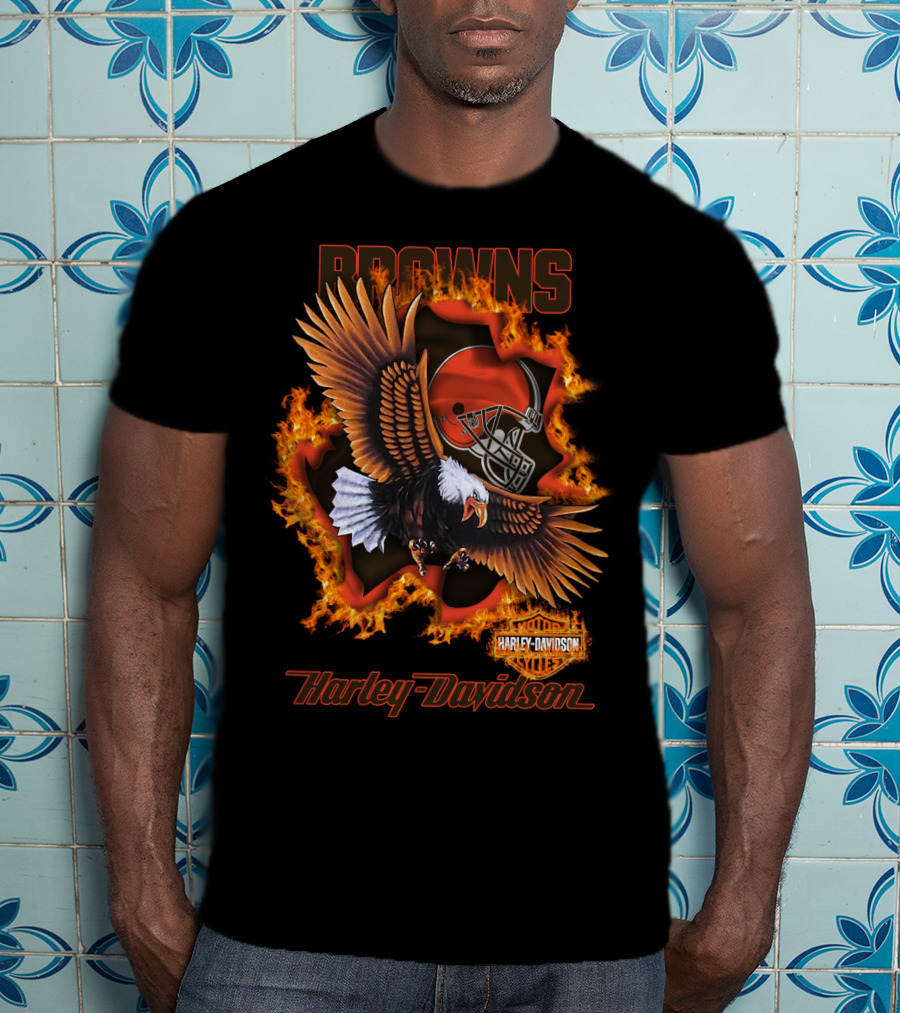 Browns Harley Davidson Nfl 84 Cleveland Browns Eagle Helmet Flames T-Shirt