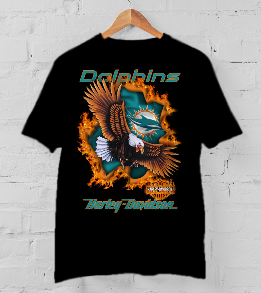 Miami Dolphins Harley Davidson Nfl 84 Bald Eagle Flames T-Shirt