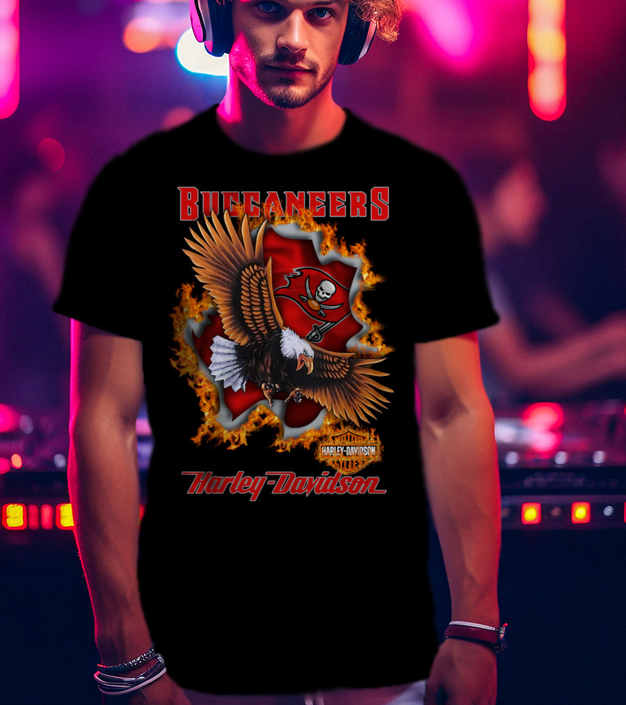 Harley Davidson Buccaneers Tampa Bay Nfl Eagle Logo Fire T-Shirt