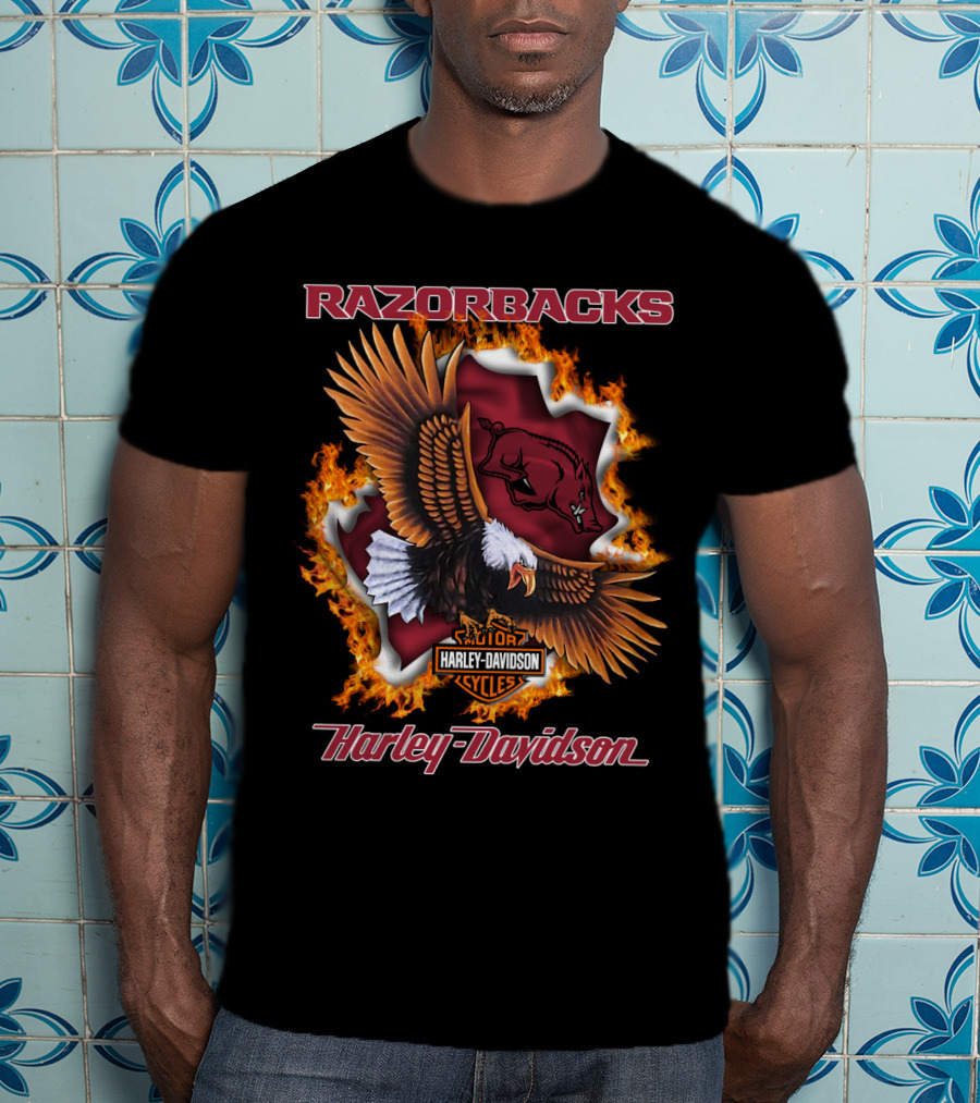 Razorbacks Harley Davidson Cycles Eagle And Flame T-Shirt
