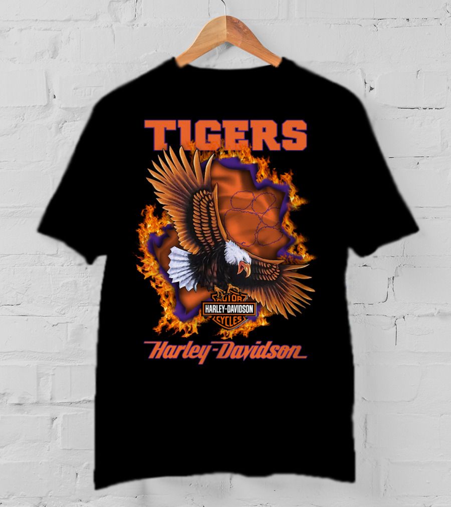 Tigers Harley Davidson Cycles Eagle Flames T-Shirt