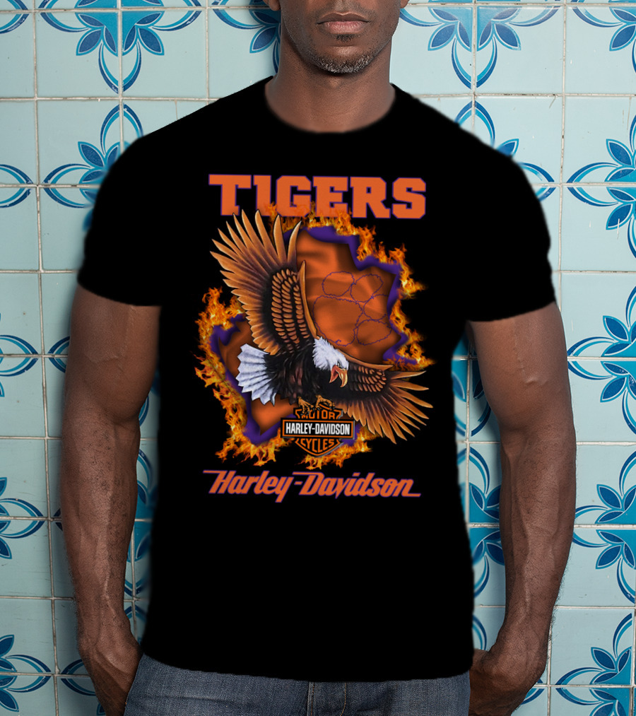Tigers Harley Davidson Cycles Eagle Flames T-Shirt