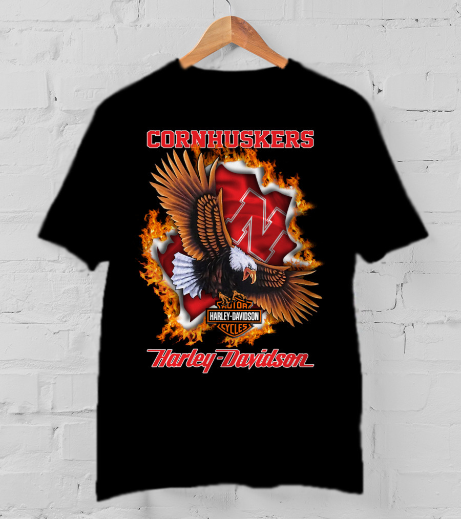 Cornhuskers Harley Davidson Ncaa Nebraska Eagles Flame T-Shirt