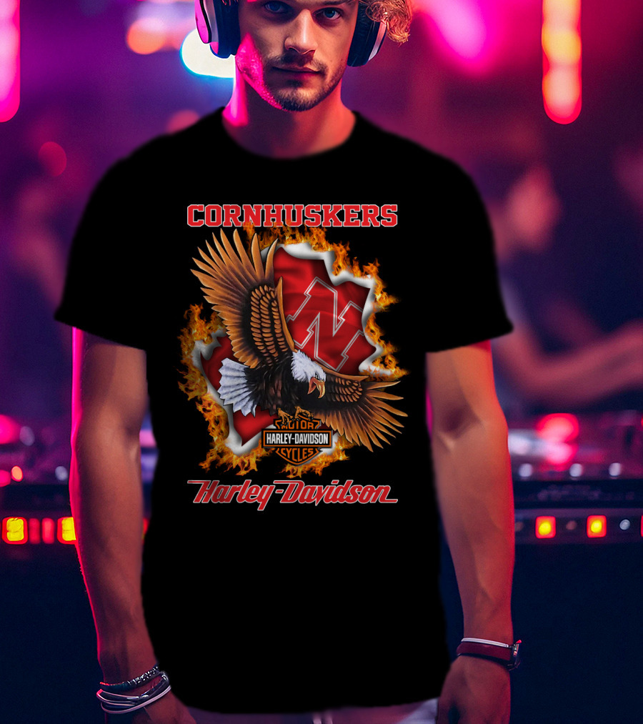 Cornhuskers Harley Davidson Ncaa Nebraska Eagles Flame T-Shirt