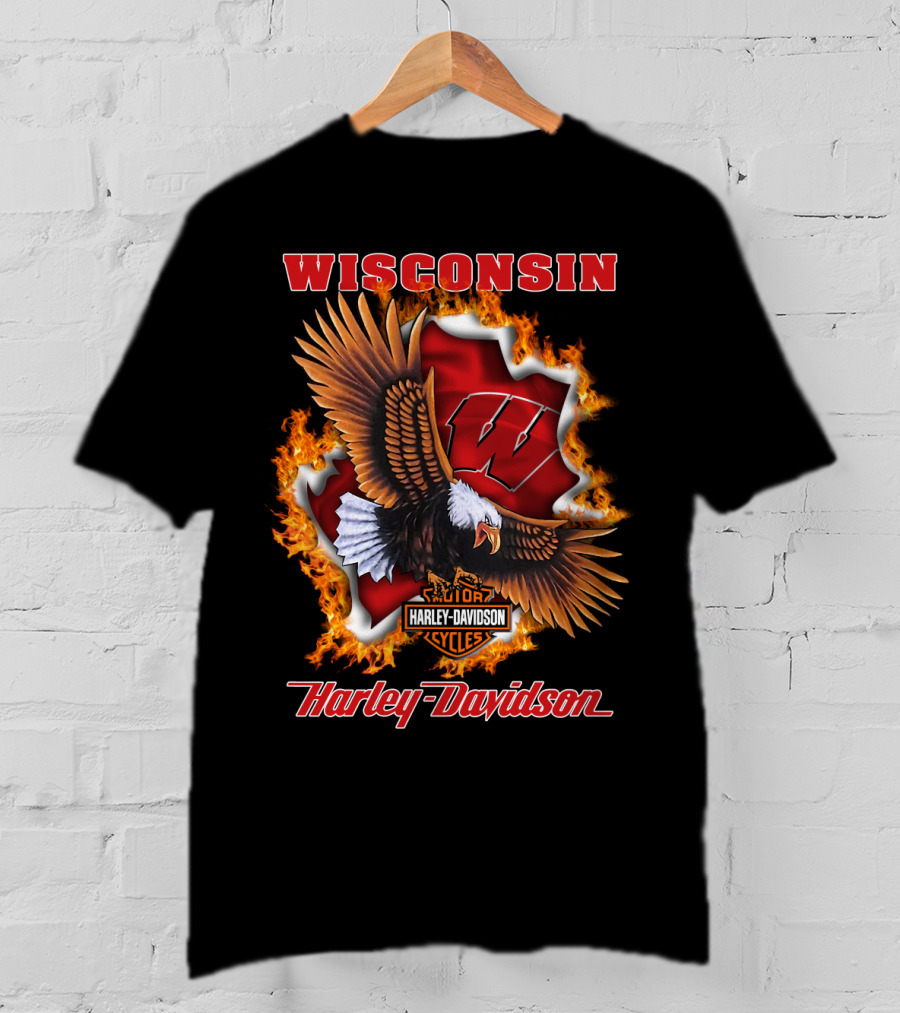 Wisconsin Harley Davidson Ncaa Badgers Flames Eagle T-Shirt