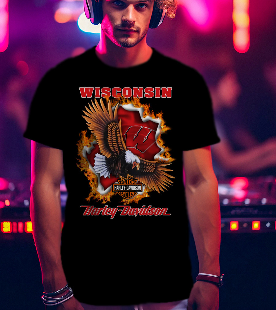 Wisconsin Harley Davidson Ncaa Badgers Flames Eagle T-Shirt