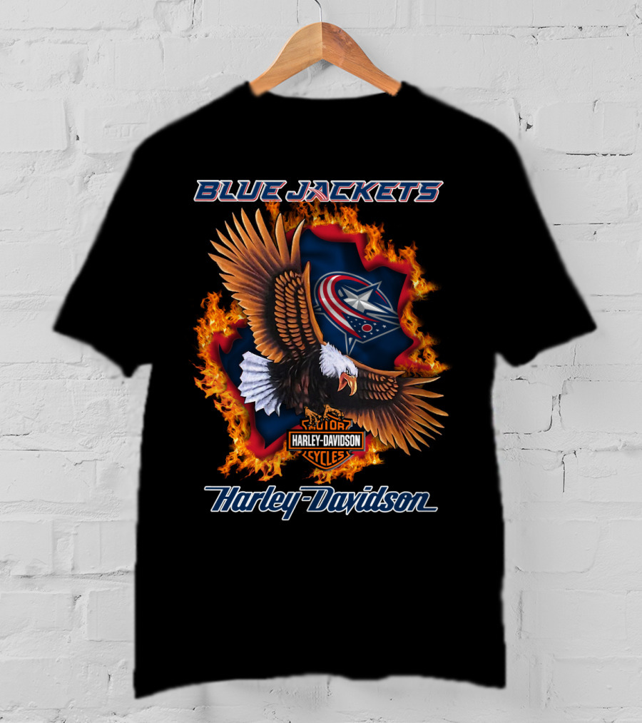 Blue Jackets Harley Davidson Columbus Nhl Cycles Eagle Flame T-Shirt