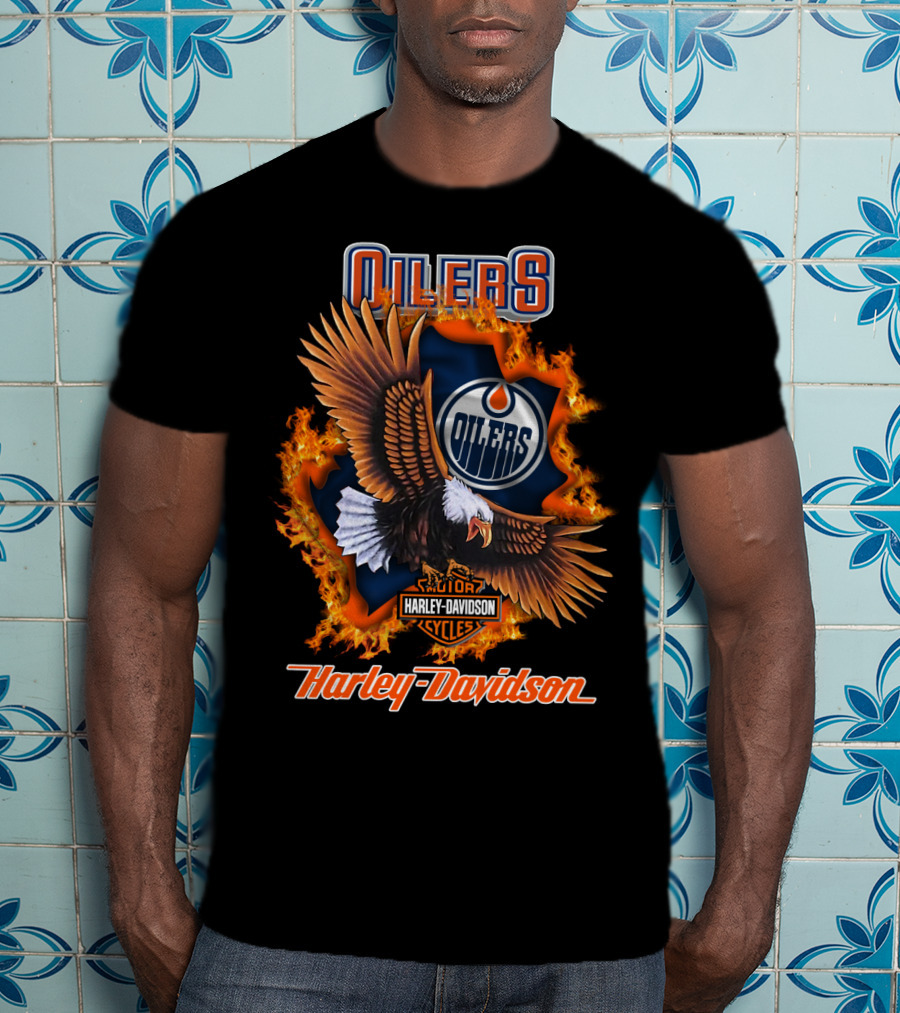 Oilers Edmonton Oilers Harley Davidson Cycles Eagle Flame T-Shirt