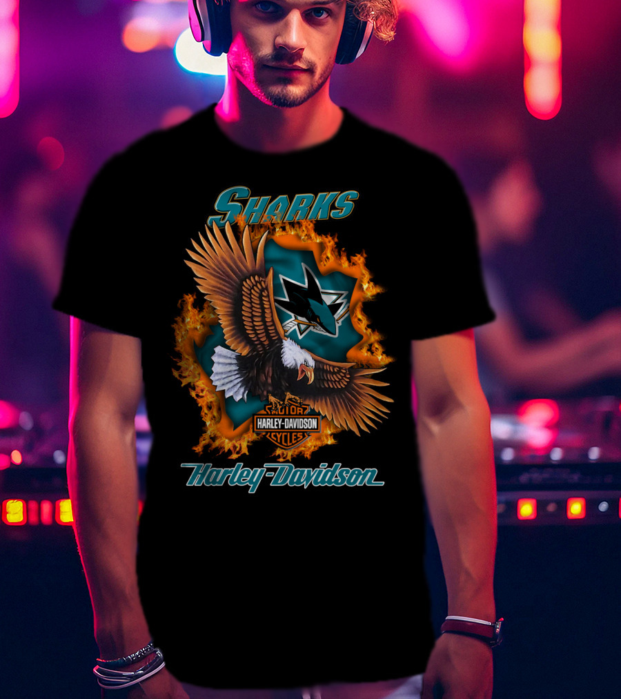 San Jose Sharks Harley Davidson Cycles Eagle Flame T-Shirt