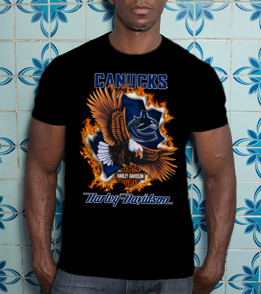 Canucks Harley Davidson Nhl Vancouver Cycles Eagle Flame T-Shirt