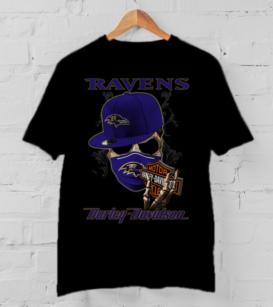 Ravens Harley Davidson Nfl Baltimore Skeleton Mask And Cap T-Shirt