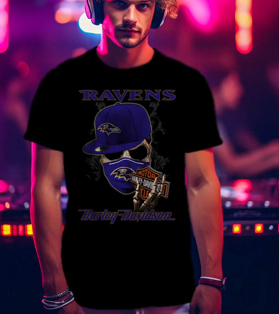 Ravens Harley Davidson Nfl Baltimore Skeleton Mask And Cap T-Shirt