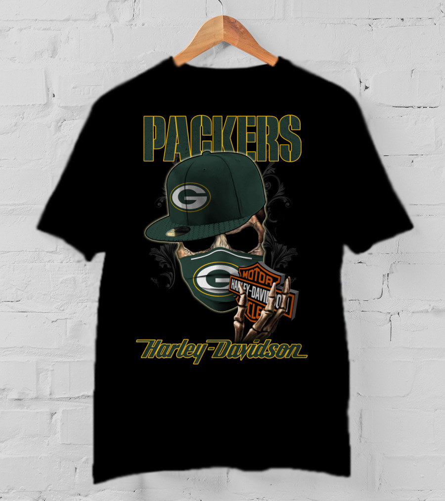 Packers Harley Davidson Skull With Green Bay Packers Cap And Bandana T-Shirt
