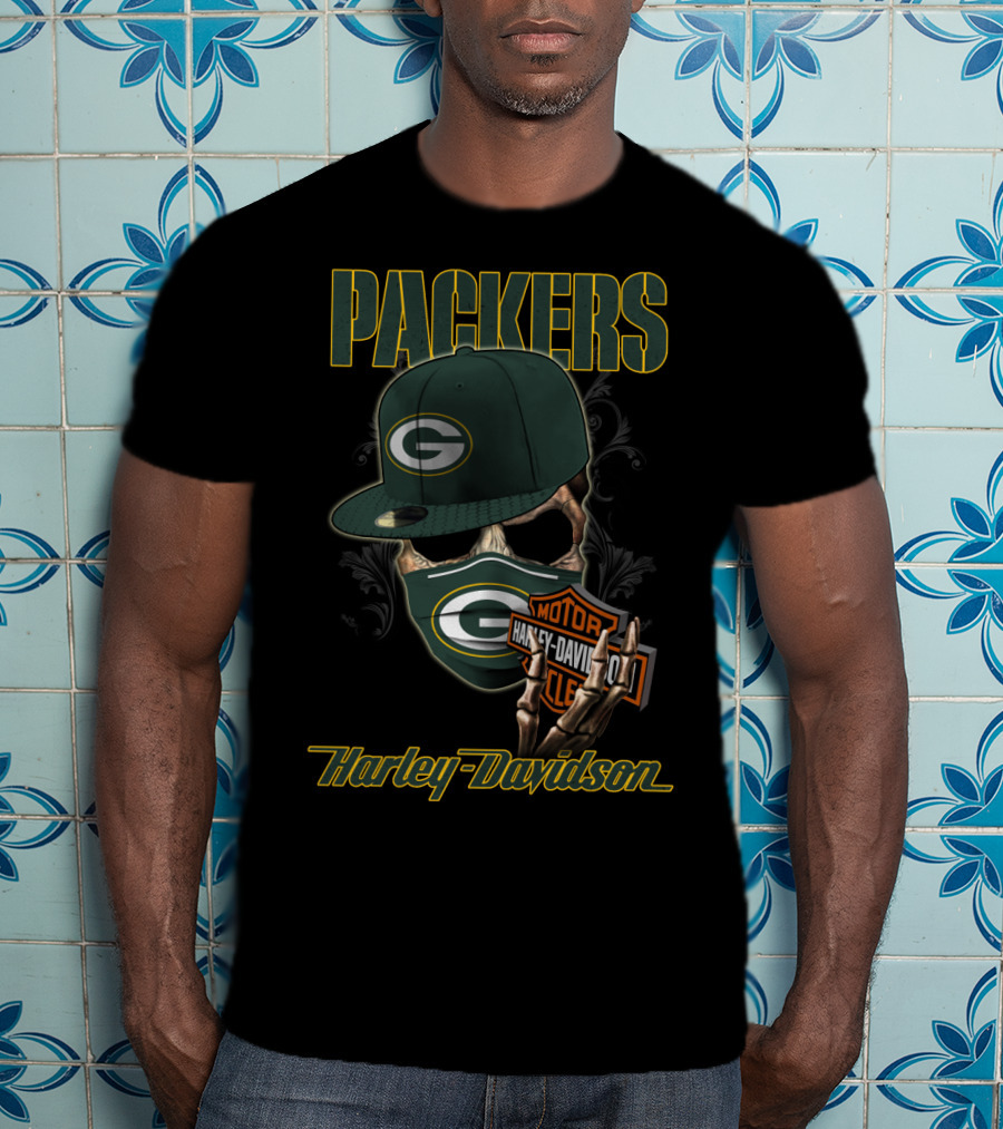 Packers Harley Davidson Skull With Green Bay Packers Cap And Bandana T-Shirt