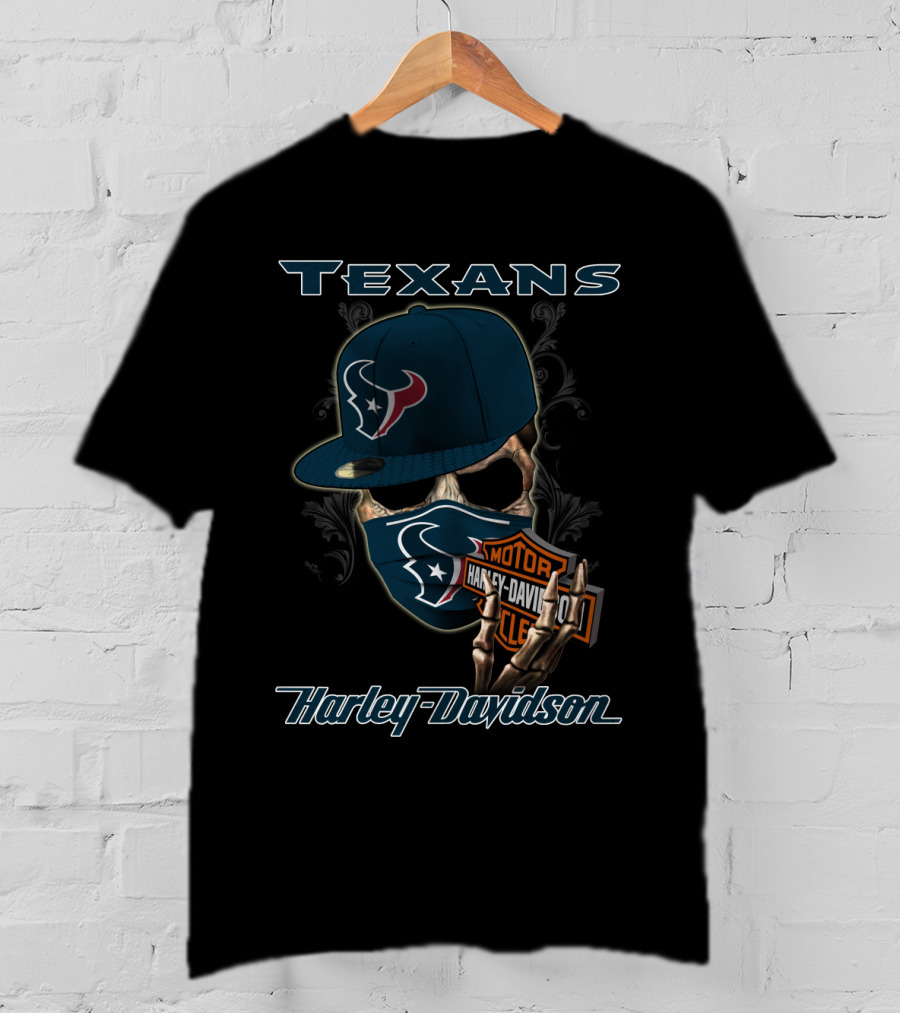 Texans Harley Davidson Skull With Cap And Bandana Nfl Houston Texans T-Shirt