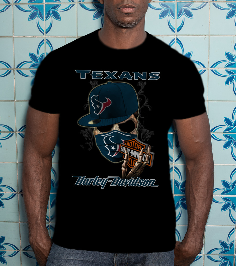 Texans Harley Davidson Skull With Cap And Bandana Nfl Houston Texans T-Shirt