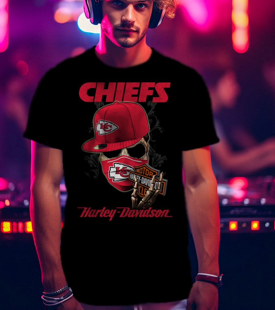 Kansas City Chiefs Harley Davidson Skull And Cap T-Shirt