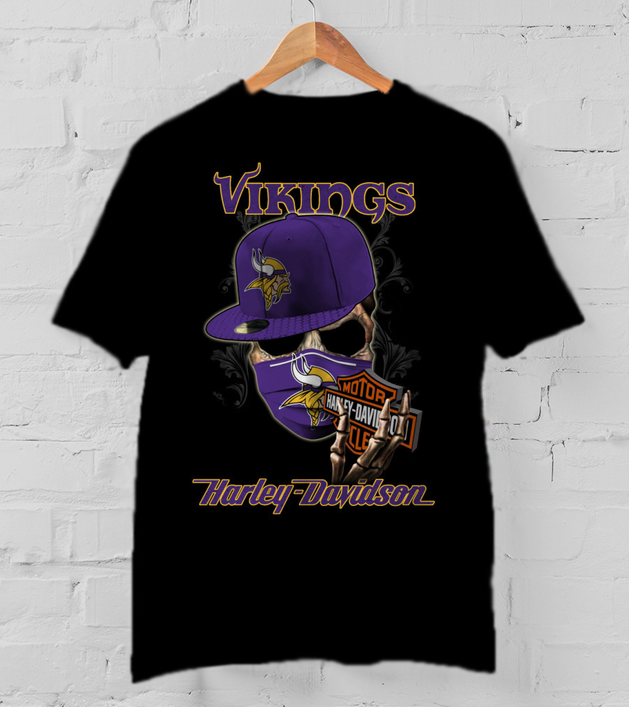 Vikings Harley Davidson Skeleton Wearing Nfl Minnesota Vikings Hat And Mask T-Shirt