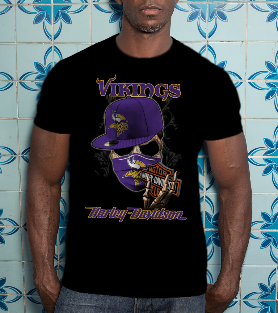 Vikings Harley Davidson Skeleton Wearing Nfl Minnesota Vikings Hat And Mask T-Shirt