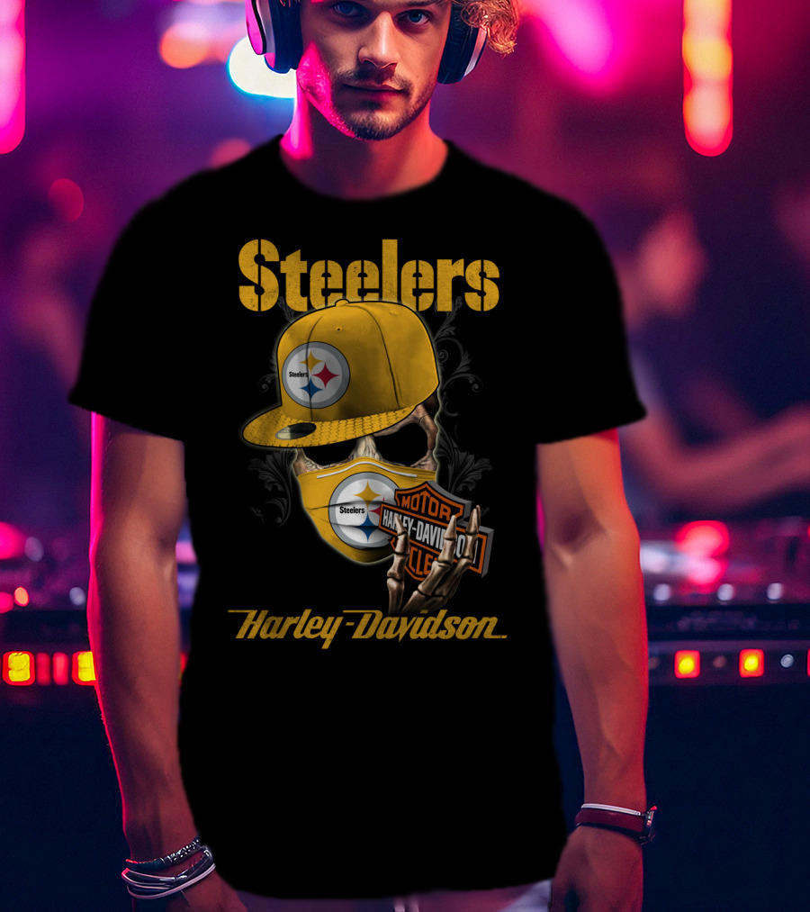 Steelers Harley Davidson Skull With Cap And Motorcycle T-Shirt