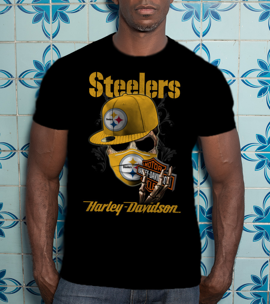 Steelers Harley Davidson Skull With Cap And Motorcycle T-Shirt