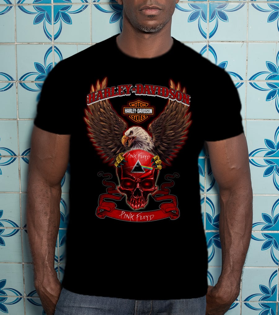 Harley Davidson Cycles Eagle Skull Pink Floyd Prism T-Shirt