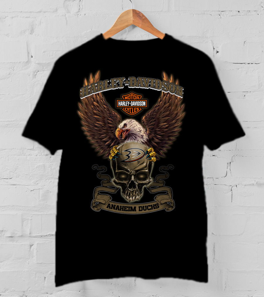 Harley Davidson Motor Cycles Eagle Skull Anaheim Ducks T-Shirt