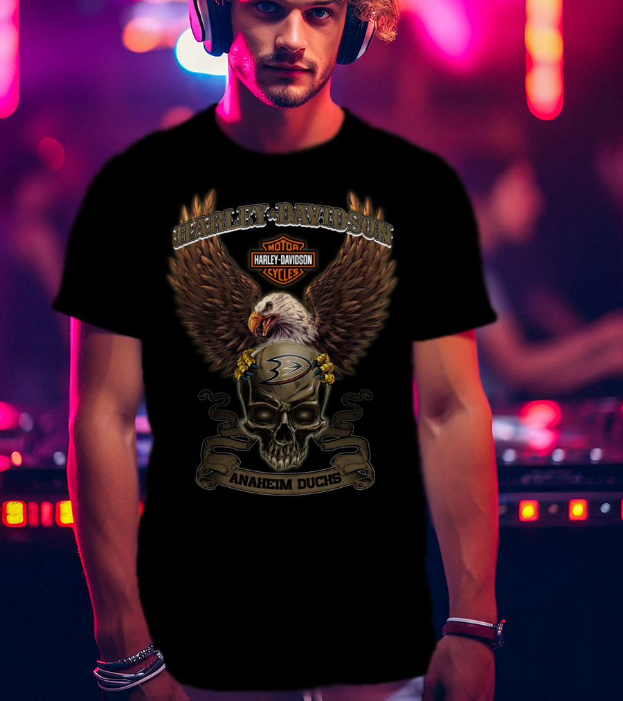 Harley Davidson Motor Cycles Eagle Skull Anaheim Ducks T-Shirt