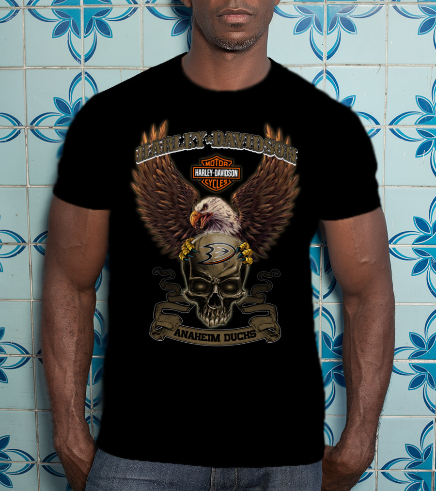 Harley Davidson Motor Cycles Eagle Skull Anaheim Ducks T-Shirt