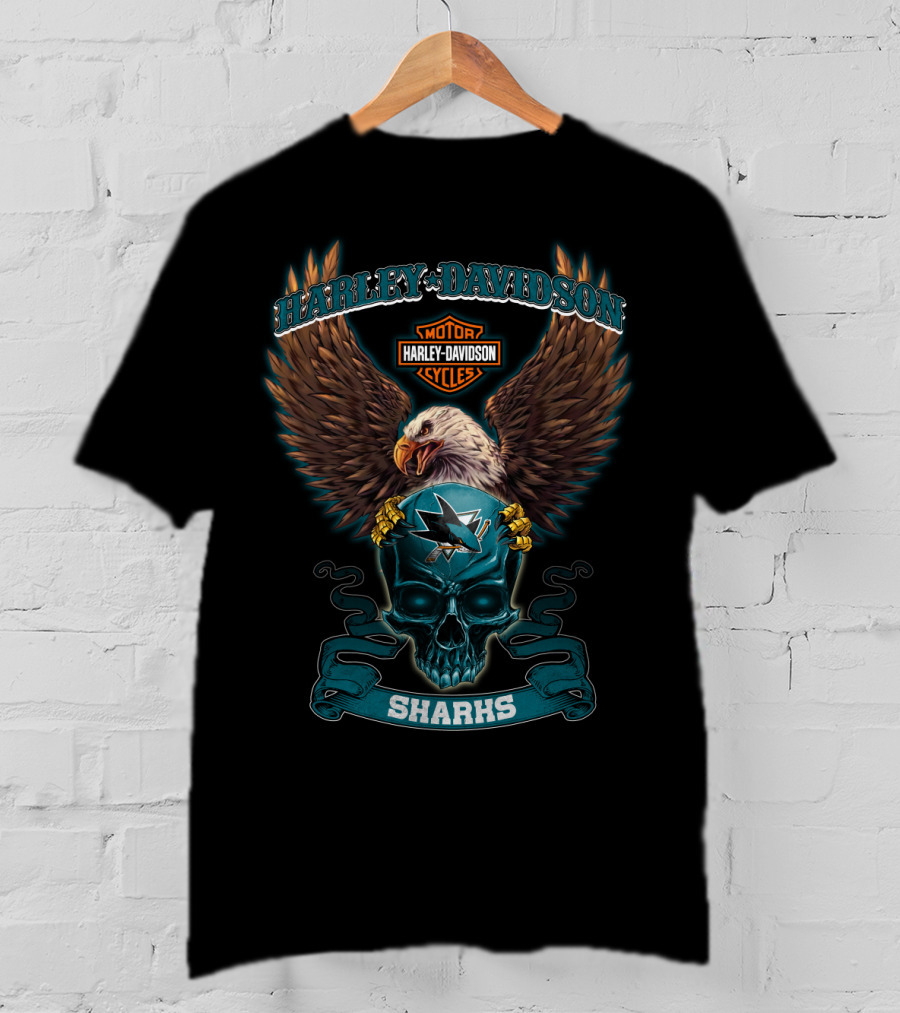 Harley Davidson Sharks Motor Cycles Eagle Skull T-Shirt