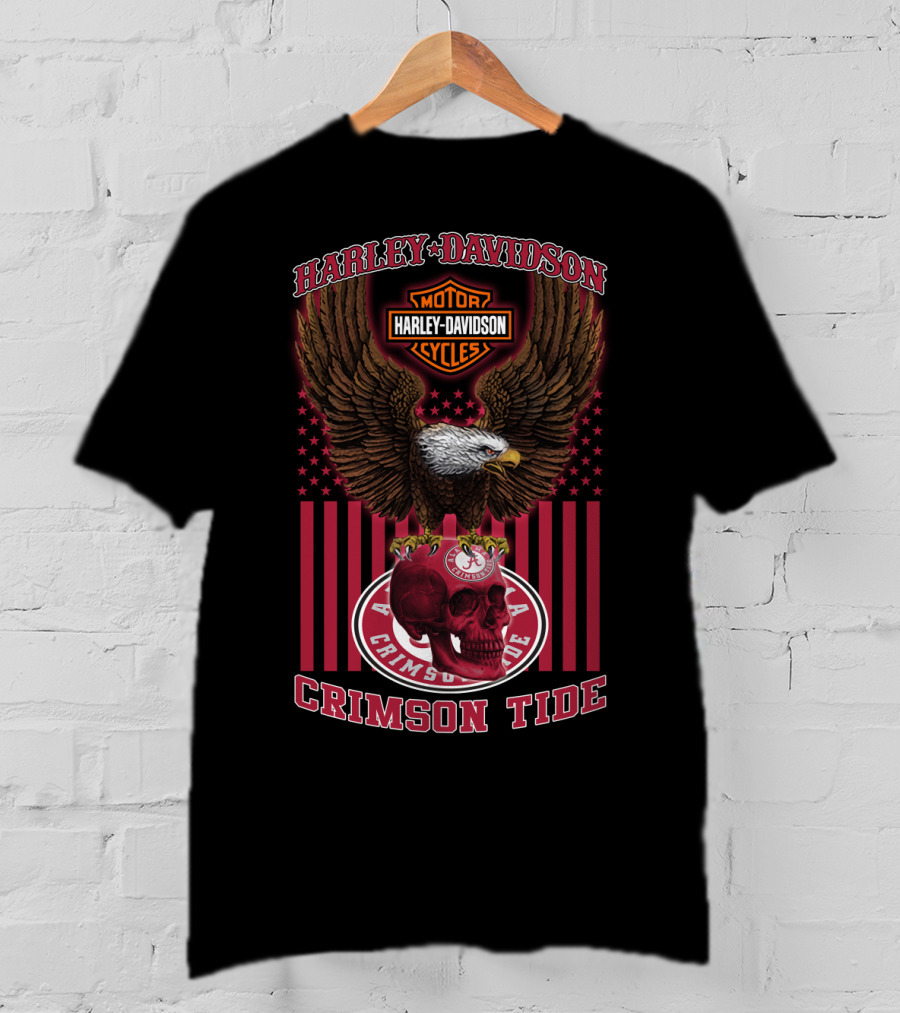 Harley Davidson Motor Cycles Eagle Skull Crimson Tide Alabama T-Shirt