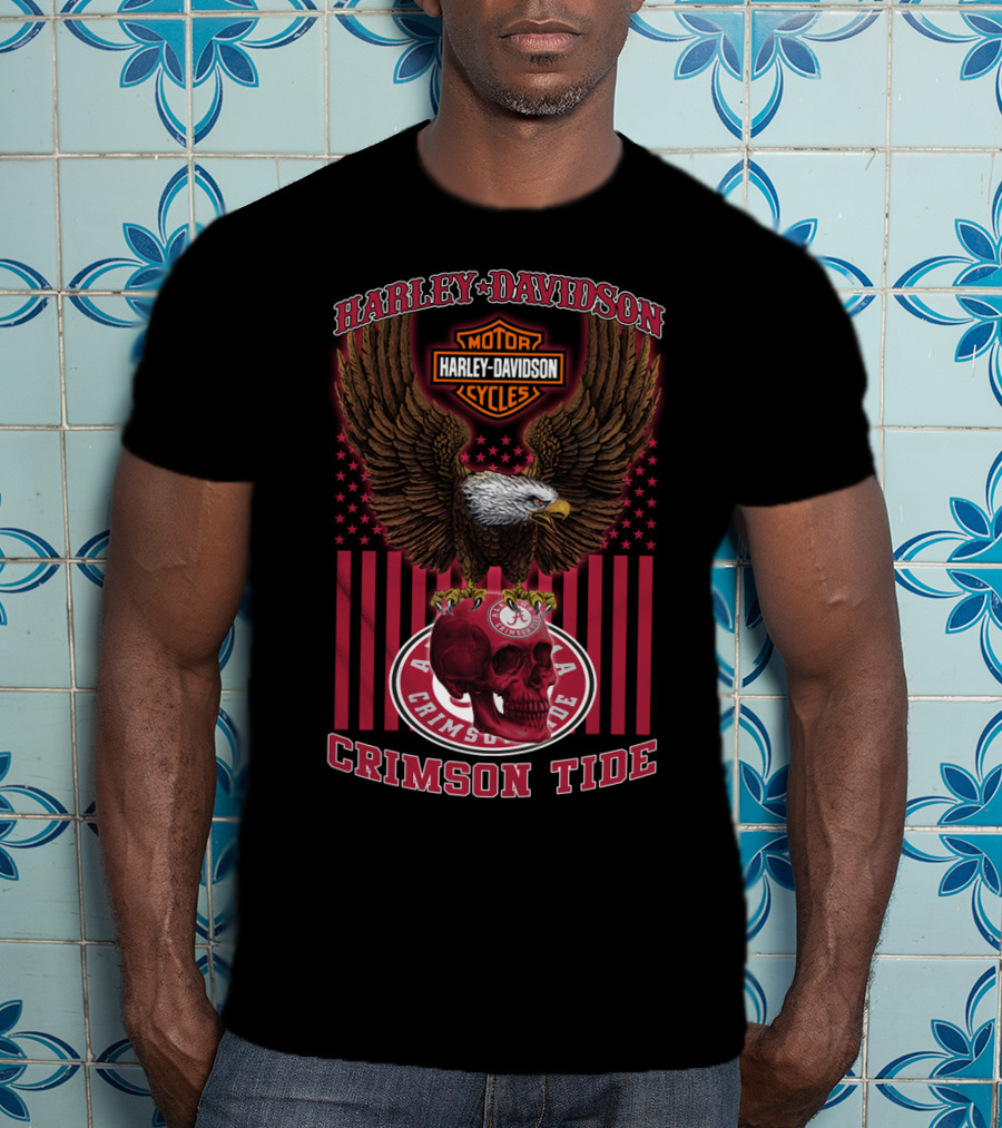 Harley Davidson Motor Cycles Eagle Skull Crimson Tide Alabama T-Shirt