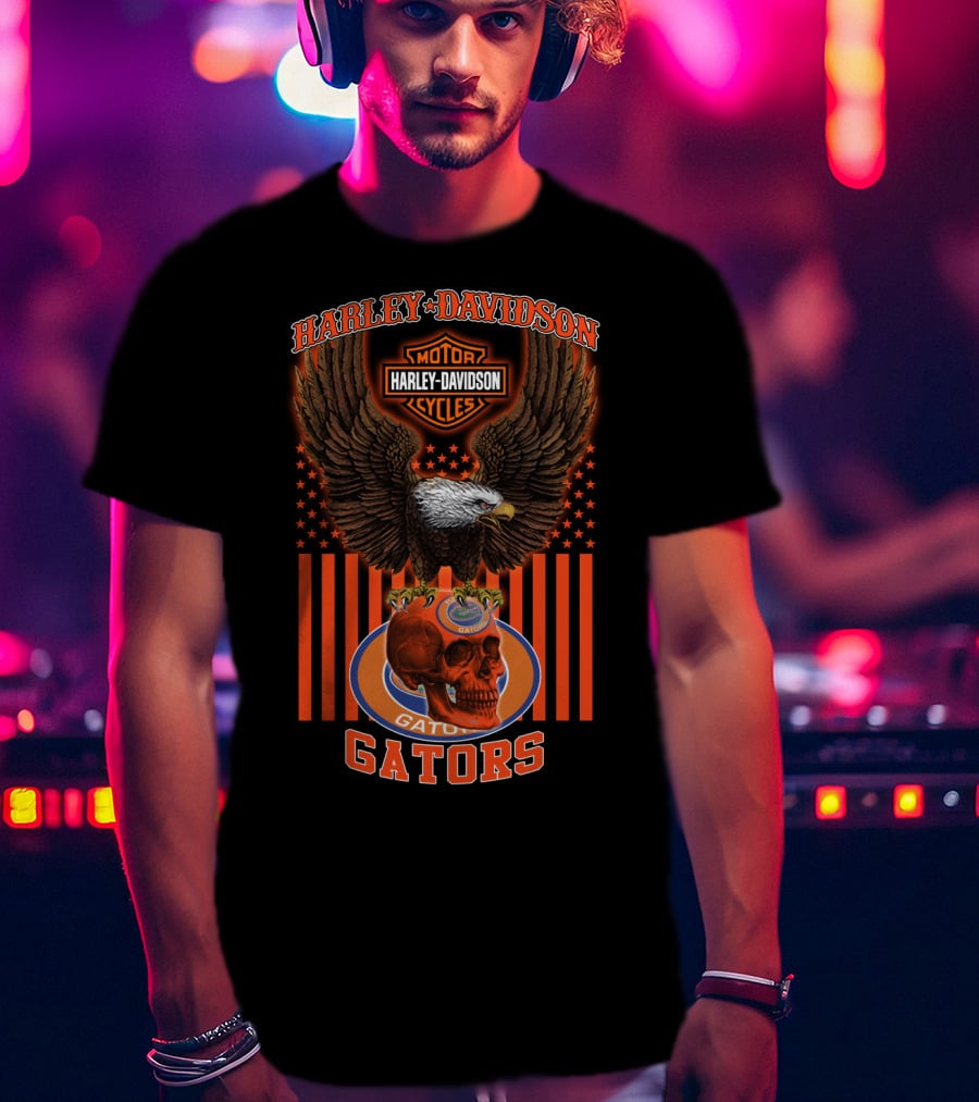 Harley Davidson Motor Cycles Florida Gators Eagle And Skull T-Shirt
