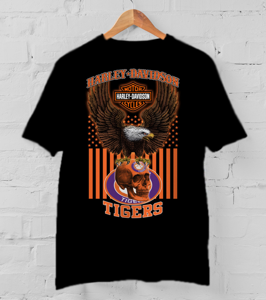 Harley Davidson Motor Cycles Eagle Clemson Tigers Skulls T-Shirt