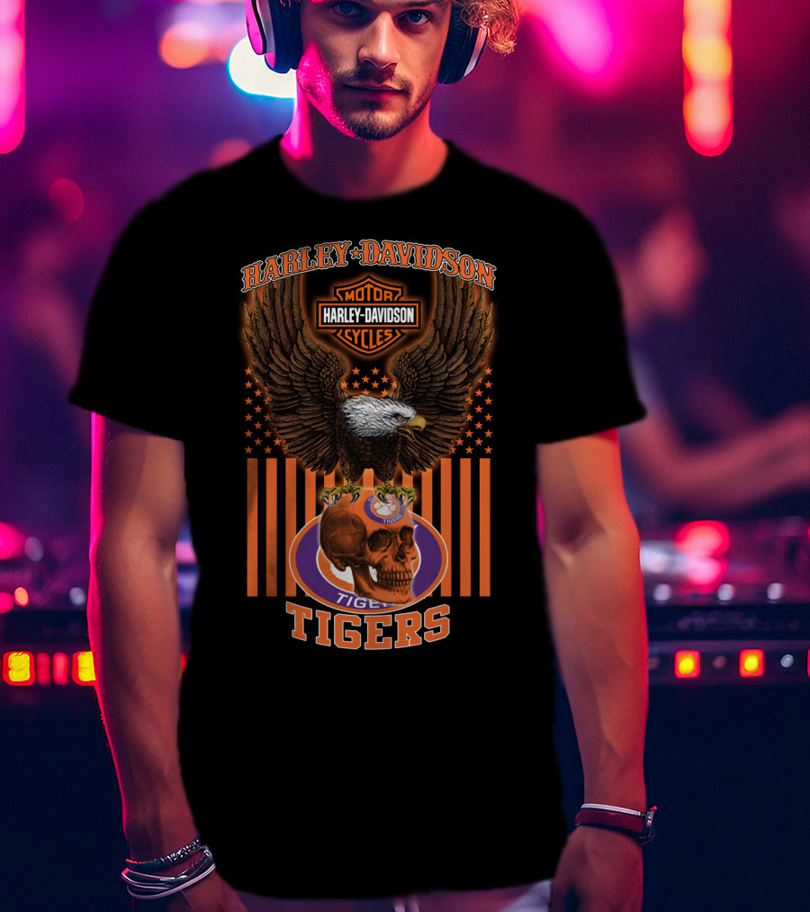 Harley Davidson Motor Cycles Eagle Clemson Tigers Skulls T-Shirt