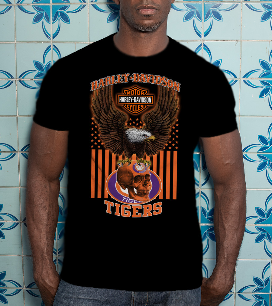 Harley Davidson Motor Cycles Eagle Clemson Tigers Skulls T-Shirt