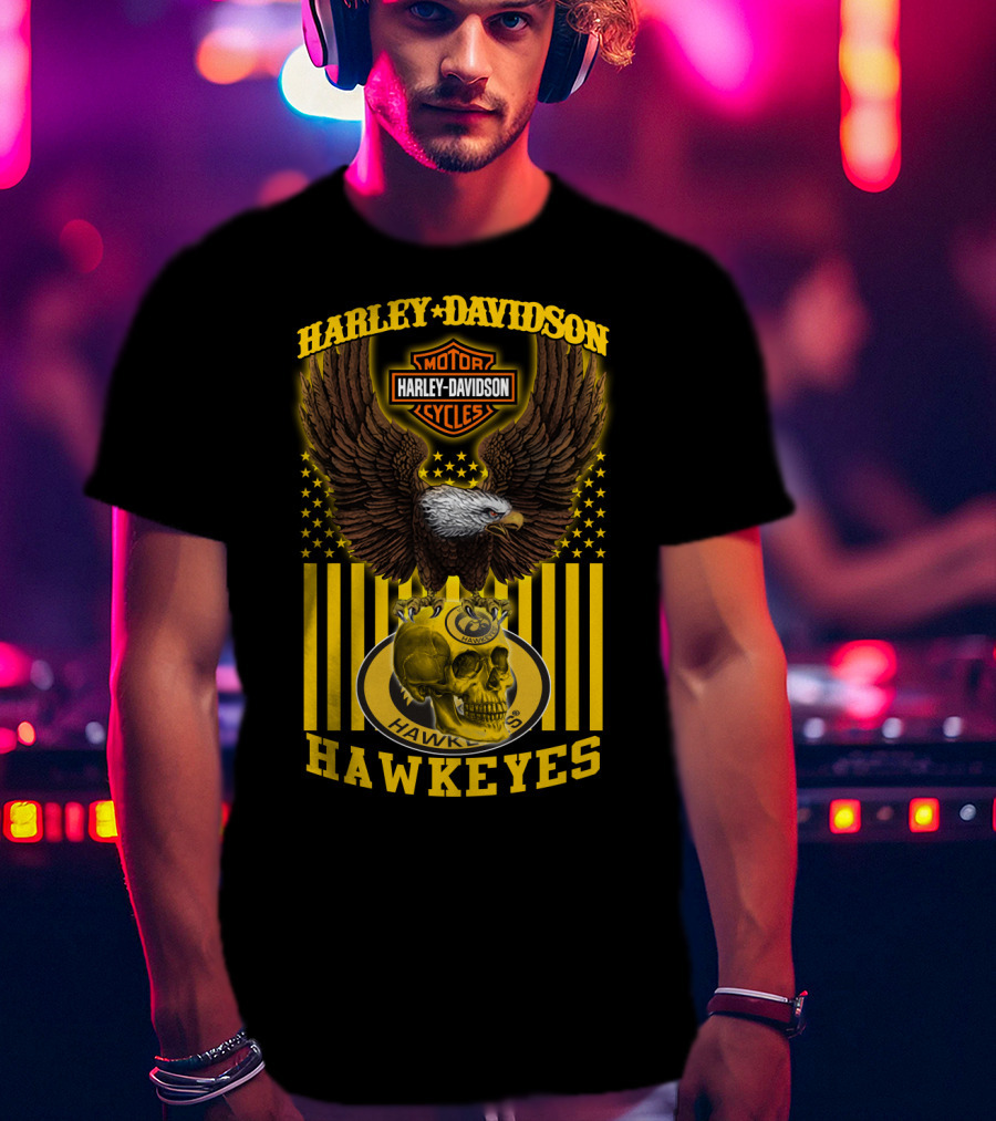Harley Davidson Motor Cycles Hawkeyes Eagle And Skull T-Shirt