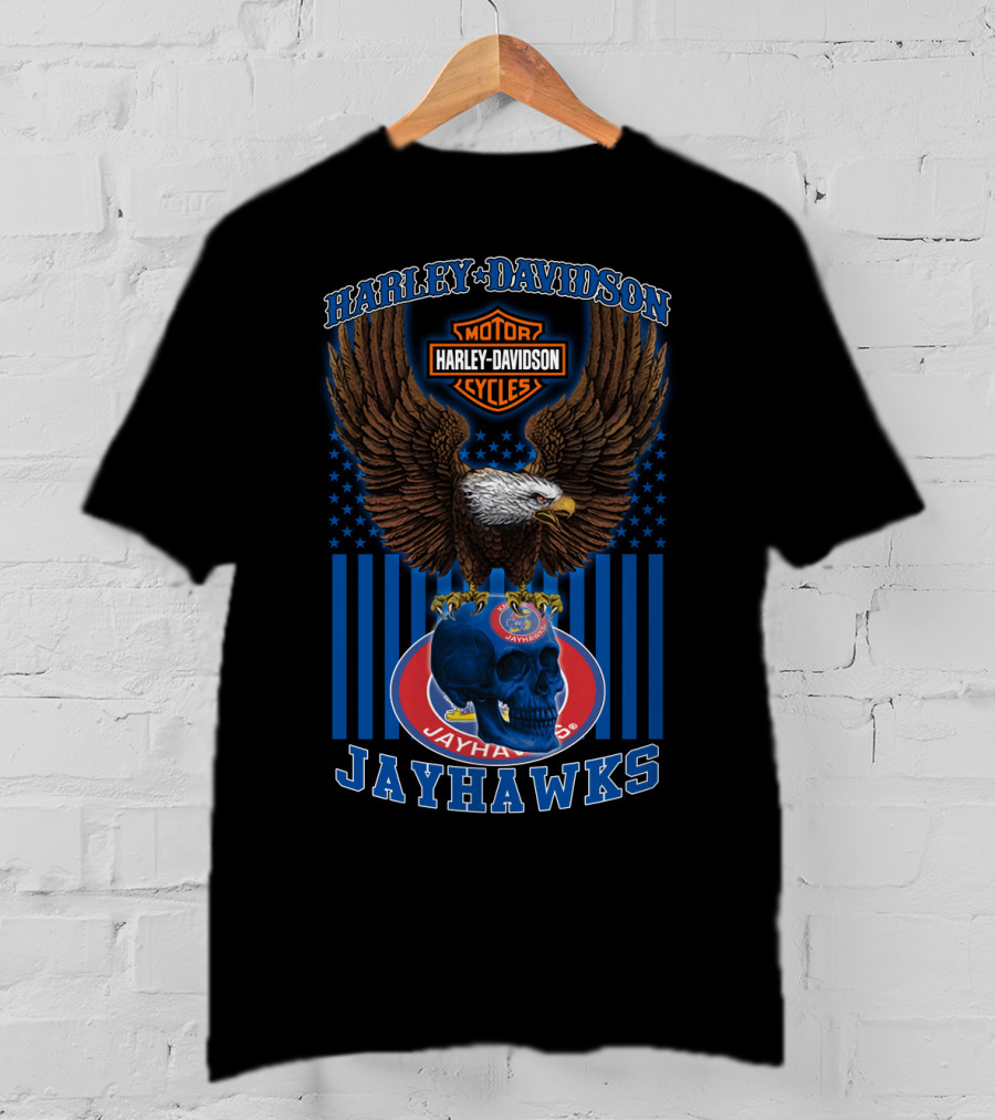 Harley Davidson Motor Cycles Kansas Jayhawks Eagles And Skull T-Shirt