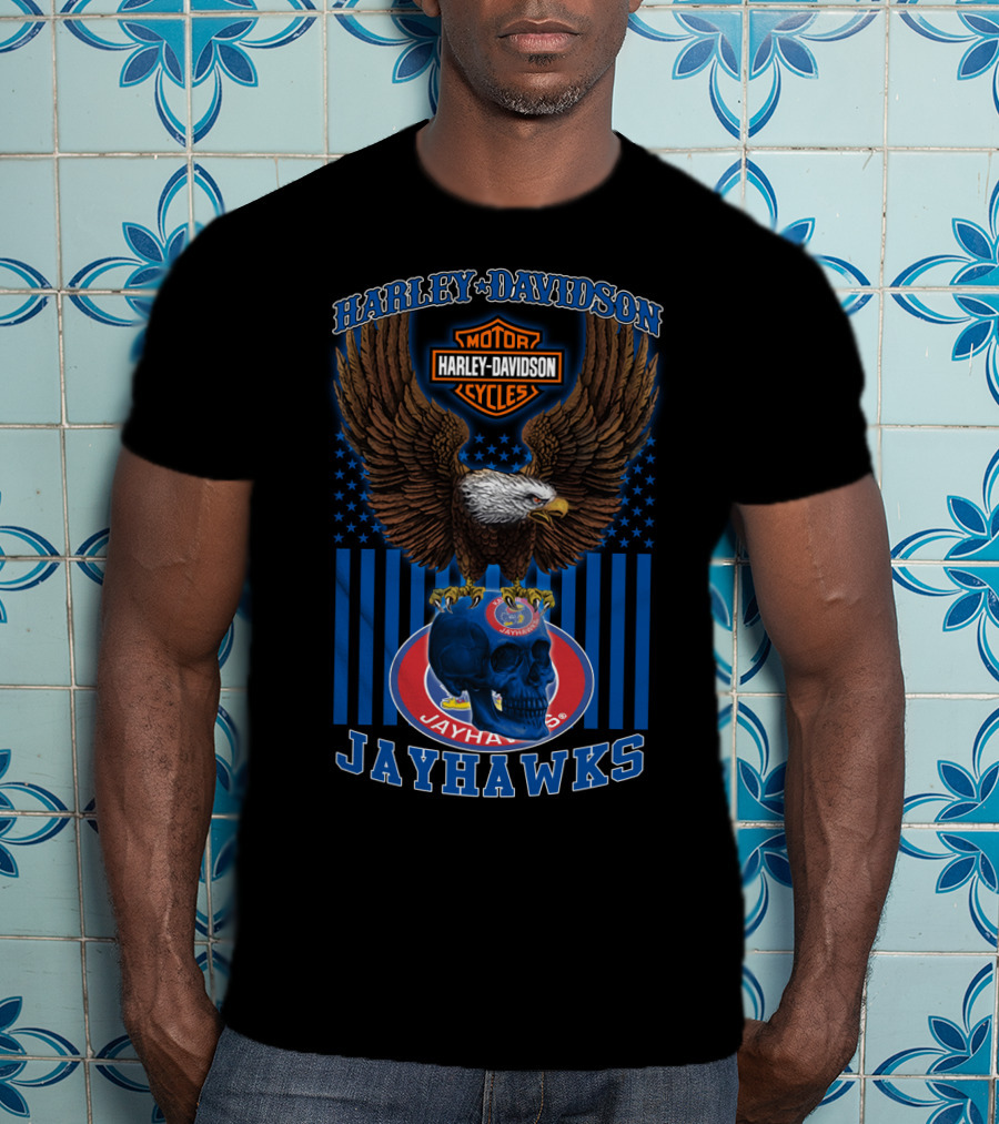 Harley Davidson Motor Cycles Kansas Jayhawks Eagles And Skull T-Shirt