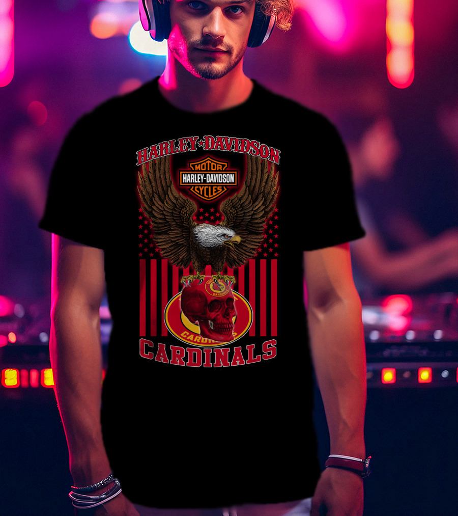 Harley Davidson Motor Cycles Eagle With Louisville Cardinals Skull And Stars T-Shirt