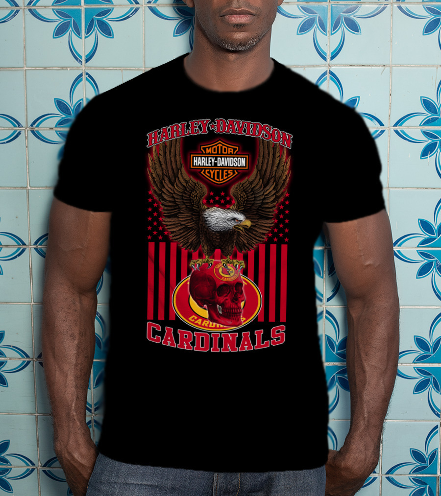 Harley Davidson Motor Cycles Eagle With Louisville Cardinals Skull And Stars T-Shirt