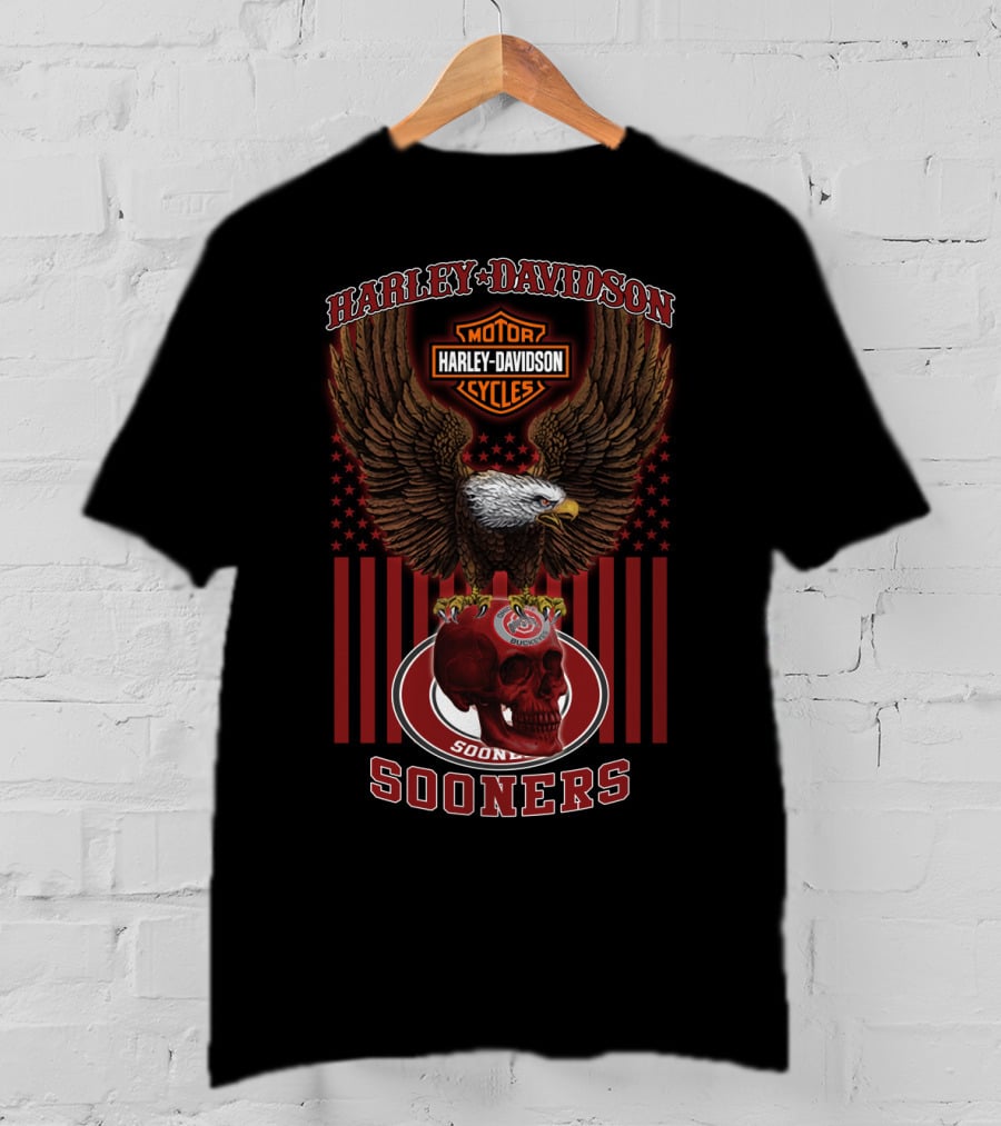 Harley Davidson Motor Cycles Eagle Skull Oklahoma Sooners T-Shirt