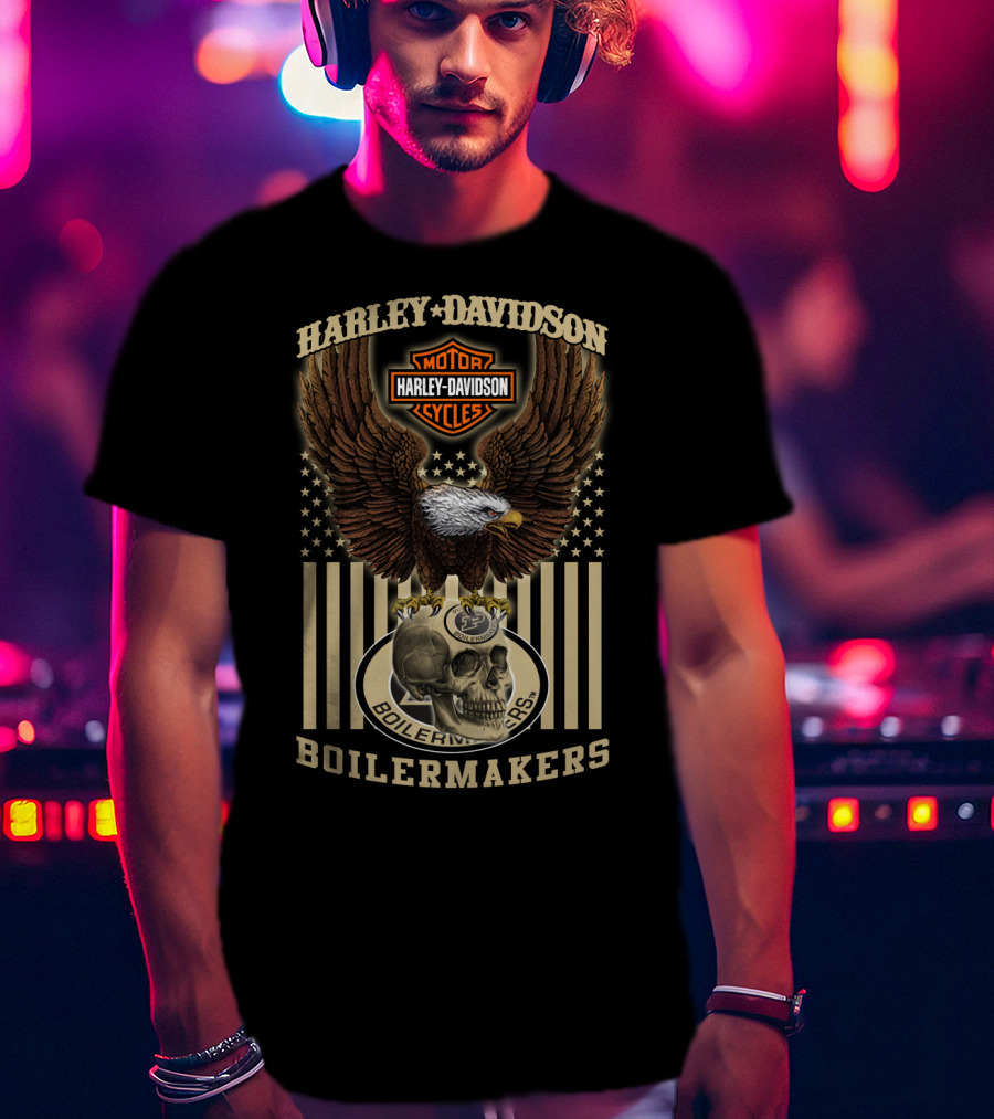Harley Davidson Motor Cycles Boilermakers Eagle Skull Stars And Stripes T-Shirt
