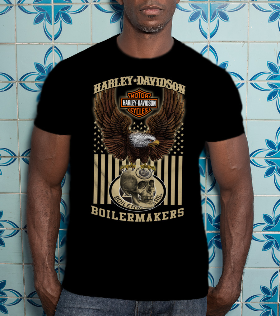 Harley Davidson Motor Cycles Boilermakers Eagle Skull Stars And Stripes T-Shirt