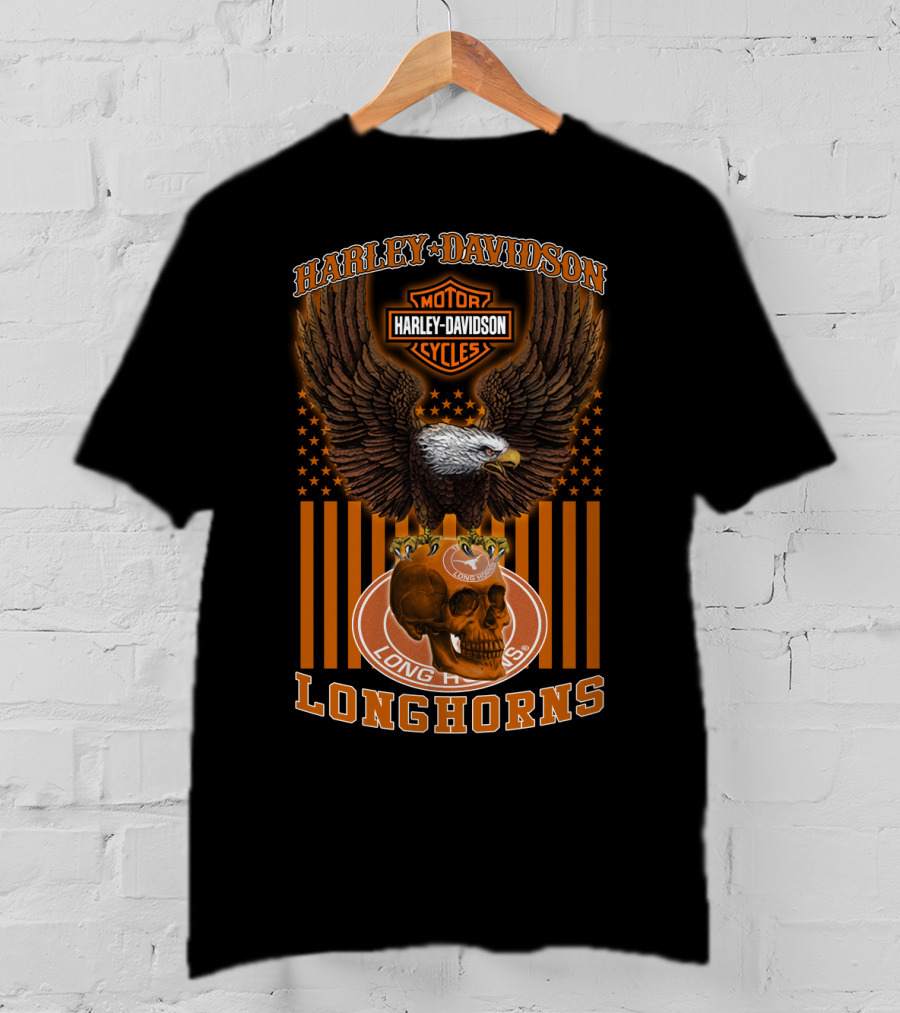 Harley Davidson Motorcycles Texas Longhorns Eagle And Skull T-Shirt